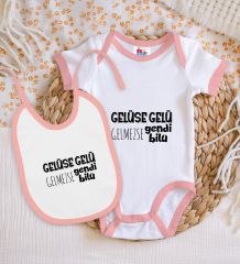 BK Kids Gelüse Gelü Tasarımlı Pembe Bebek Body Zıbın ve Mama Önlüğü Hediye Seti-1