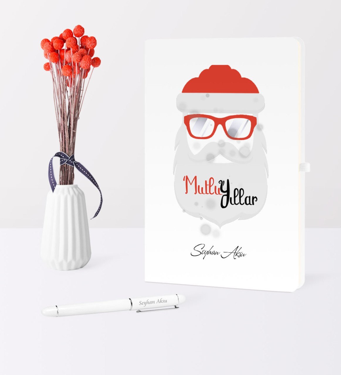 Kişiye Özel Yılbaşı Noel Baba Temalı Beyaz Defter Kalem Seti - 2