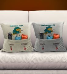 BK Gift Eğlenceli Tasarımlı 2'li Organizer Kumanda ve Atıştırmalık Cepli Krem&Gri Kırlent Yastık- 8, Ev Dekoru, Ev Hediyesi