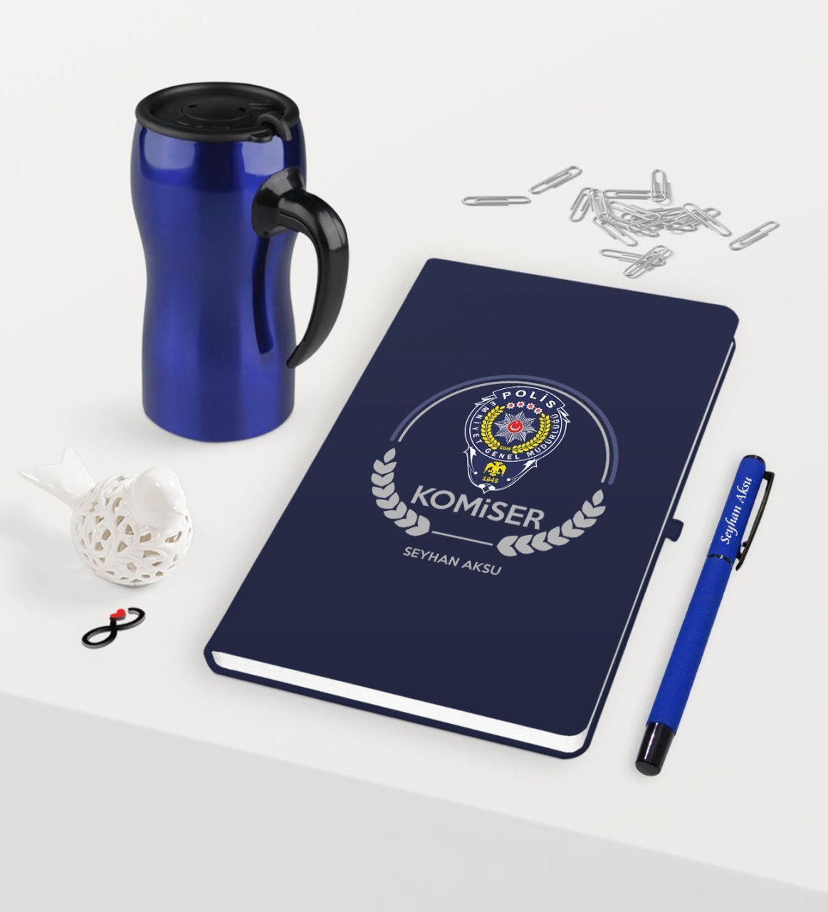 Kişiye Özel Komiser Temalı Lacivert Defter Kalem Termos Mug Seti - 2