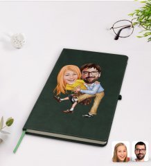 Kişiye Özel Sevgililer Karikatürlü Yeşil Termo Deri Defter Model 102