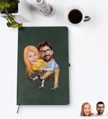 Kişiye Özel Sevgililer Karikatürlü Yeşil Termo Deri Defter Model 102