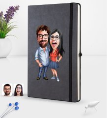 Kişiye Özel Sevgililer Karikatürlü Siyah Termo Deri Defter 16x24cm Model 105