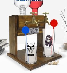 Kişiye Özel Renkli Baskılı Erkek ve Kadın Kurukafa Tasarımlı İkili Vodka Bardağı ve Çift Musluklu Doğal Ahşap Vodka Standı-2