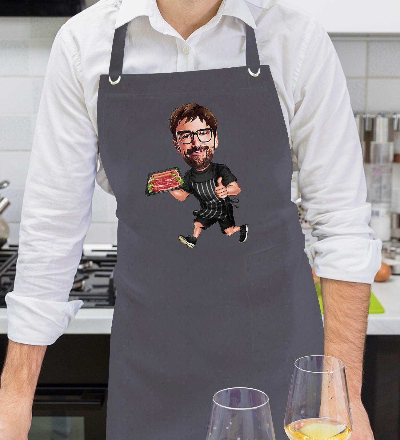 BK Gift Kişiye Özel Erkek Barbekü Karikatürlü Profesyonel Antrasit Mutfak Önlüğü, Aşçı Önlüğü, Şef Önlüğü, Arkadaşa Hediye-2