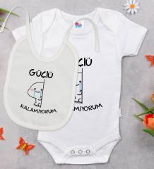 BK Kids Güçlü Kalamıyorum Tasarımlı Beyaz Bebek Body Zıbın ve Mama Önlüğü Hediye Seti-1