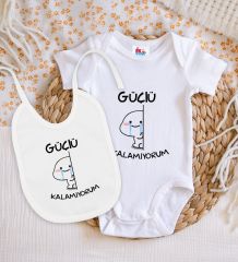 BK Kids Güçlü Kalamıyorum Tasarımlı Beyaz Bebek Body Zıbın ve Mama Önlüğü Hediye Seti-1