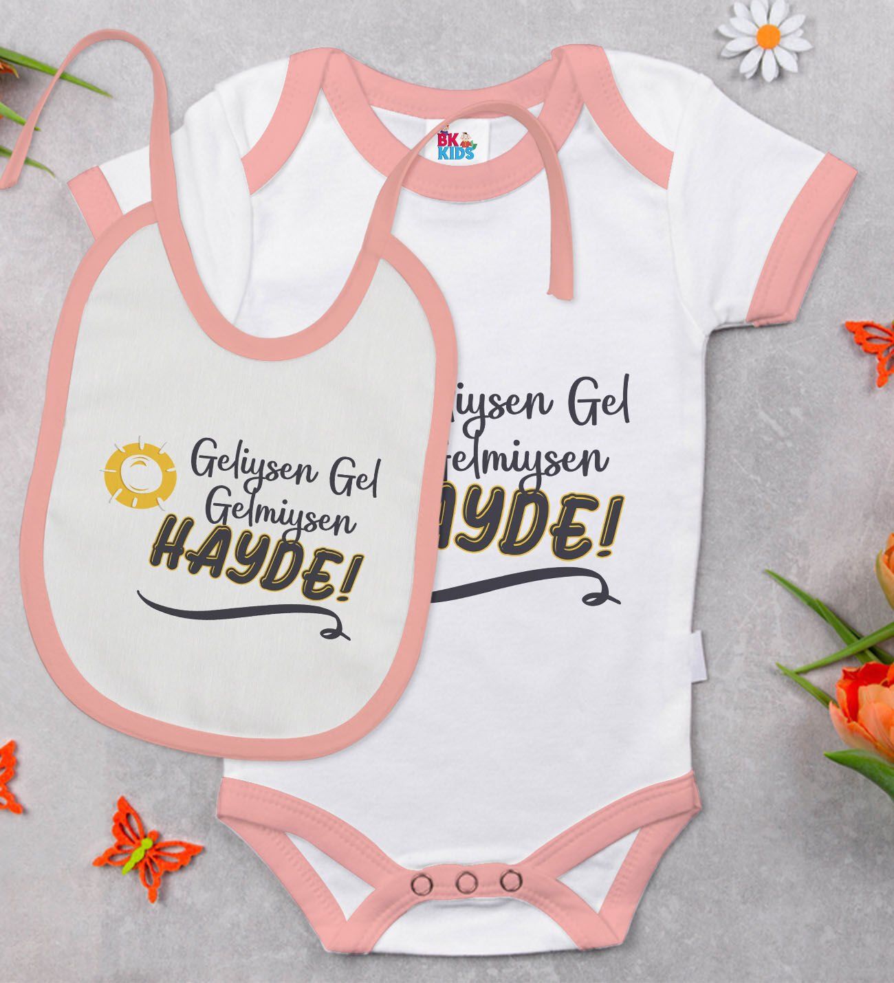 BK Kids Geliysen Gel Tasarımlı Pembe Bebek Body Zıbın ve Mama Önlüğü Hediye Seti-1