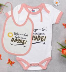 BK Kids Geliysen Gel Tasarımlı Pembe Bebek Body Zıbın ve Mama Önlüğü Hediye Seti-1