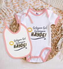 BK Kids Geliysen Gel Tasarımlı Pembe Bebek Body Zıbın ve Mama Önlüğü Hediye Seti-1