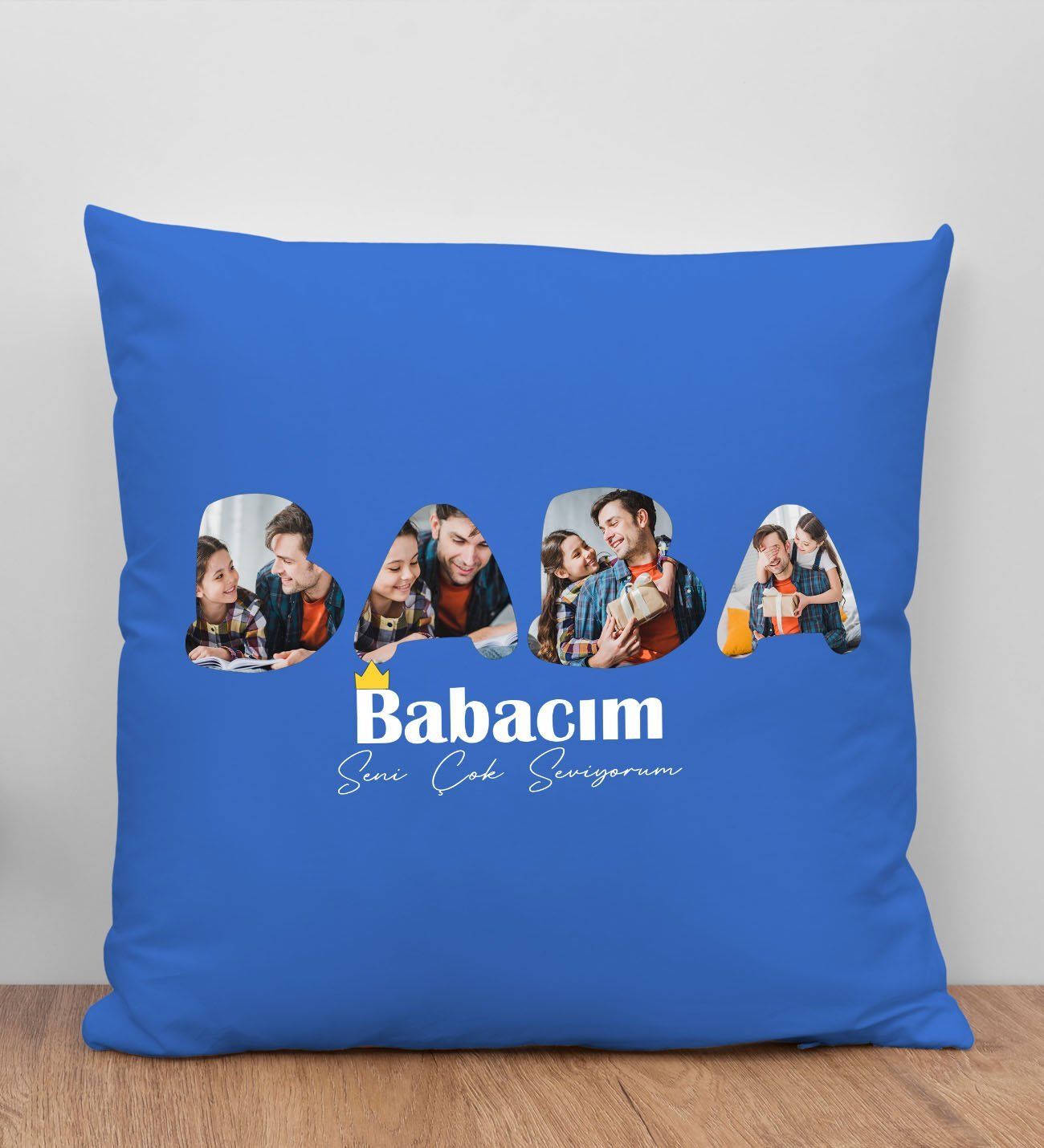 BK Gift Kişiye Özel Fotoğraflı Babalar Günü Tasarımlı Mavi Kırlent Yastık-1 Babaya Hediye, Ev Dekorasyonu, Babalar Günü Hediyesi