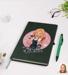 Kişiye Özel Kadın Kuaför Karikatürlü Yeşil Termo Deri Defter Kalem Seti Model 3