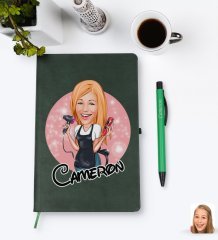 Kişiye Özel Kadın Kuaför Karikatürlü Yeşil Termo Deri Defter Kalem Seti Model 3