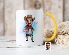 Bk Gift Kişiye Özel Kovboy Karikatürlü Sarı Kupa Bardak-1, Sevgiliye Hediye, Arkadaşa Hediye
