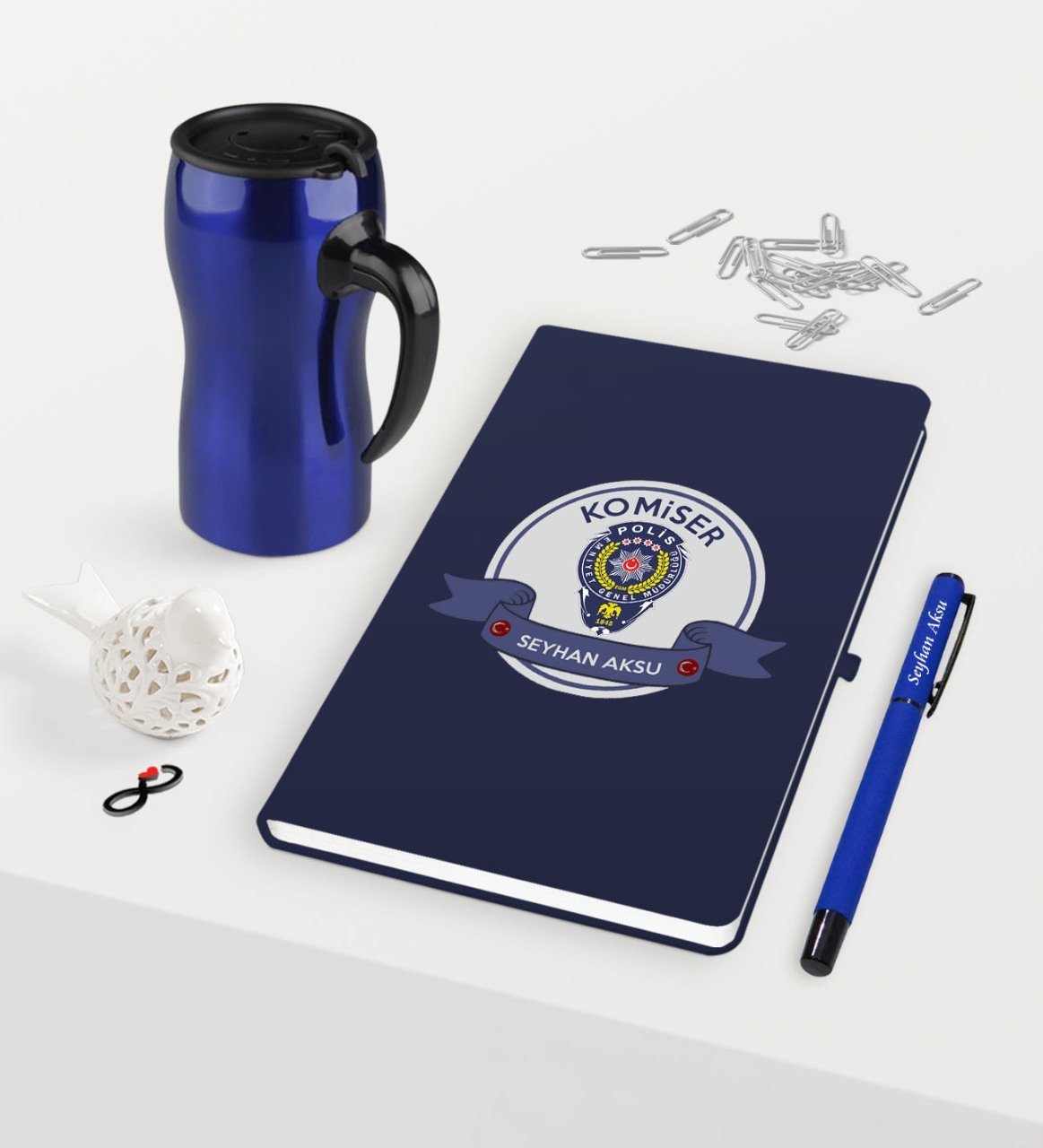 Kişiye Özel Komiser Temalı Lacivert Defter Kalem Termos Mug Seti - 1