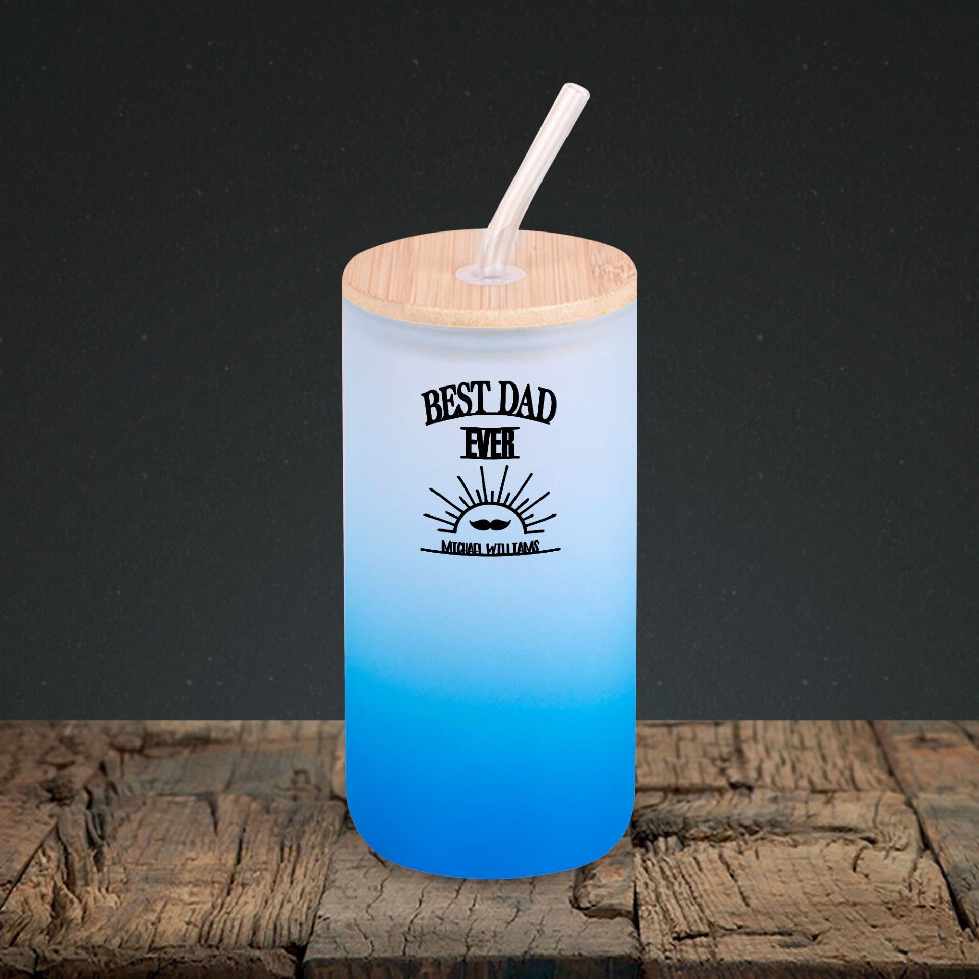 BK Gift İsimli Dad Tasarımlı Mavi Renk Pipetli Buzlu Cam Bardak 600ml - 7, Babaya Hediye, Doğum Günü Hediyesi