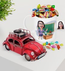 Kişiye Özel Bayan Öğretmen Plakalı Nostaljik Kırmızı Metal Vosvos ve Kupa Haribo Şeker Seti-1