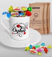 Kişiye Özel Sevgililer Günü Türk Kahvesi Fincanı Mehmet Efendi Kahve ve Haribo Şeker Hediye Seti-128
