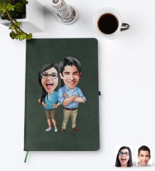 Kişiye Özel Sevgililer Karikatürlü Yeşil Termo Deri Defter Model 101