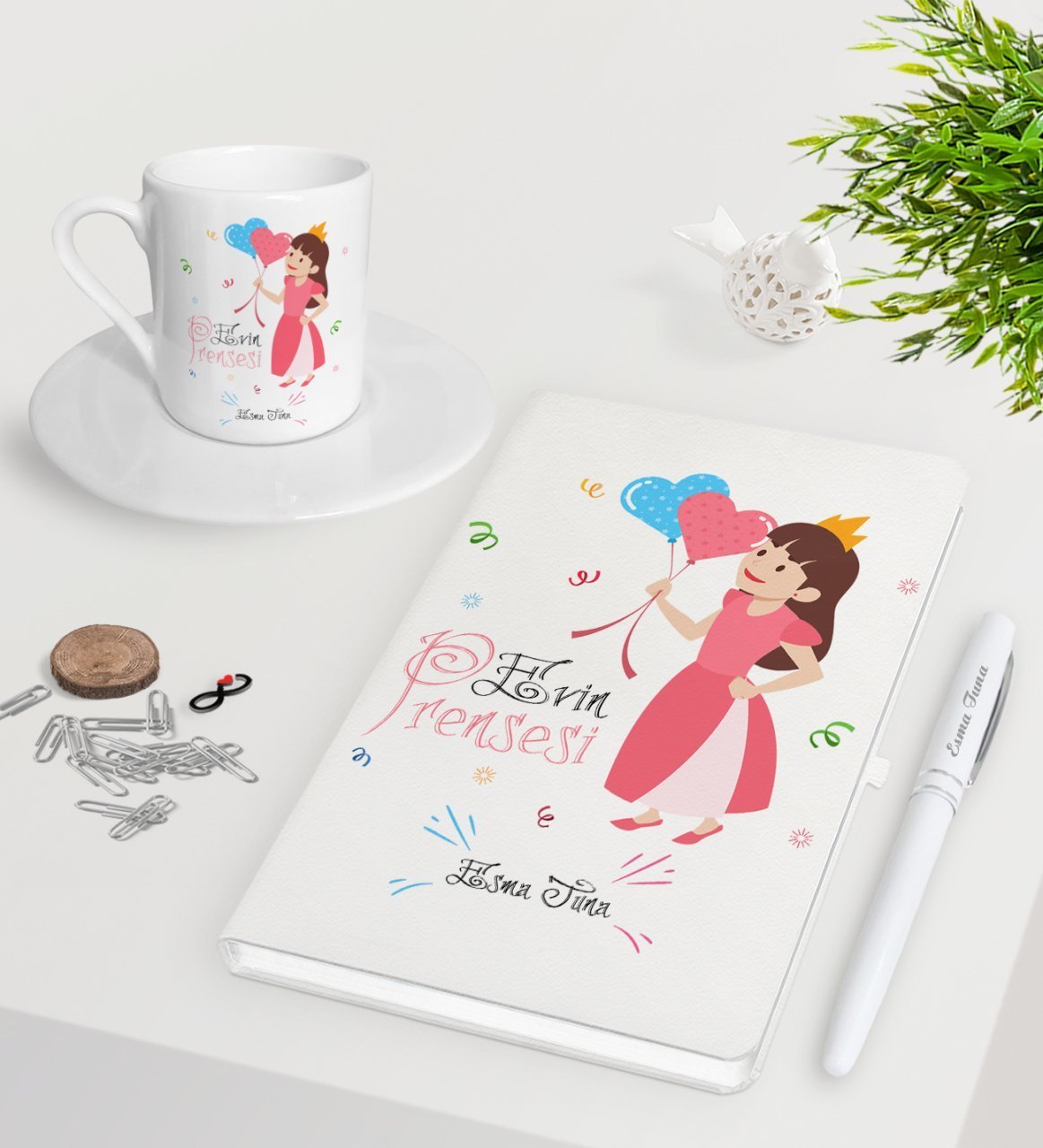 Kişiye Özel Evin Prensesi Beyaz Defter Kalem Türk Kahvesi Fincanı Seti-2