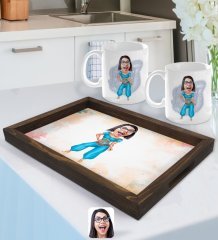 Kişiye Özel Oryantal Karikatürlü Doğal Ahşap Tepsi ve 2’li Kupa Bardak Seti-1