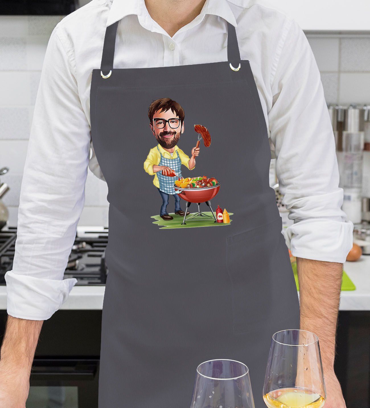 BK Gift Kişiye Özel Erkek Barbekü Karikatürlü Profesyonel Antrasit Mutfak Önlüğü, Aşçı Önlüğü, Şef Önlüğü, Arkadaşa Hediye-1