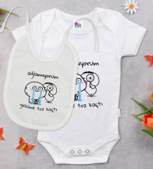 BK Kids Gözüme Toz Kaçtı Tasarımlı Beyaz Bebek Body Zıbın ve Mama Önlüğü Hediye Seti-1