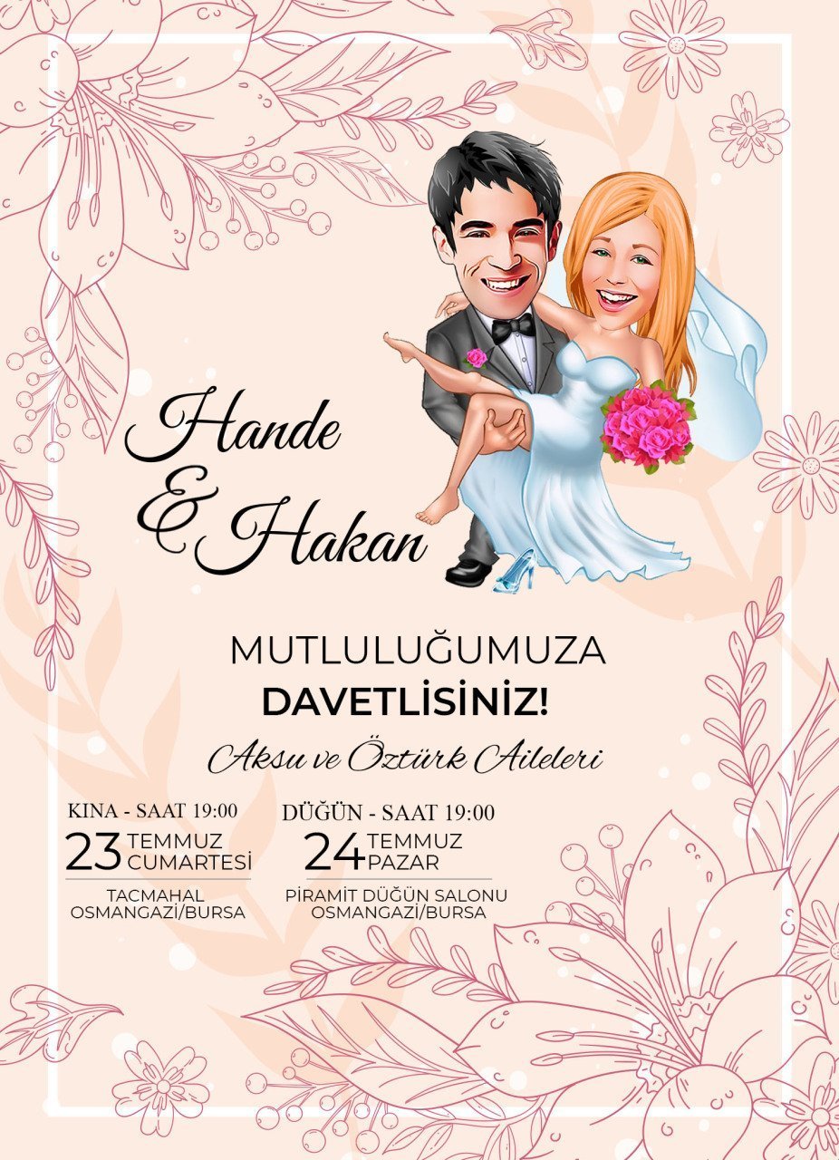 Kişiye Özel Karikatürlü Bitmeyen Düğün Davetiyesi Model 76