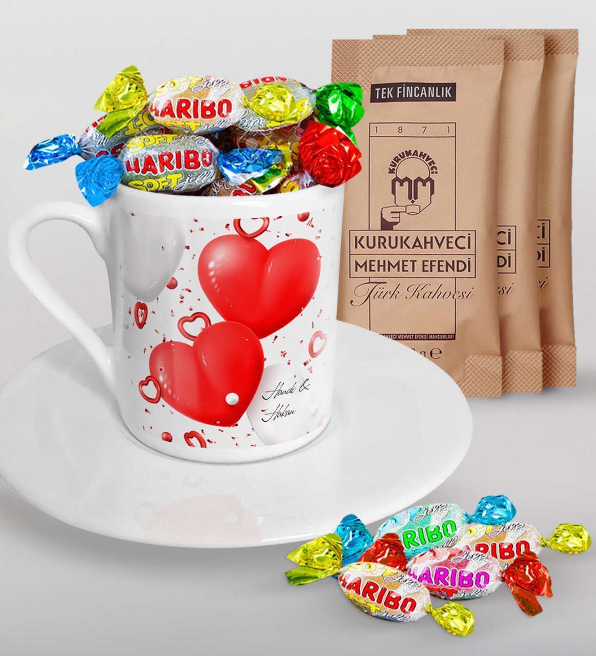 Kişiye Özel Sevgililer Günü Türk Kahvesi Fincanı Mehmet Efendi Kahve ve Haribo Şeker Hediye Seti-127
