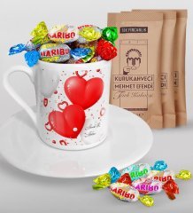 Kişiye Özel Sevgililer Günü Türk Kahvesi Fincanı Mehmet Efendi Kahve ve Haribo Şeker Hediye Seti-127