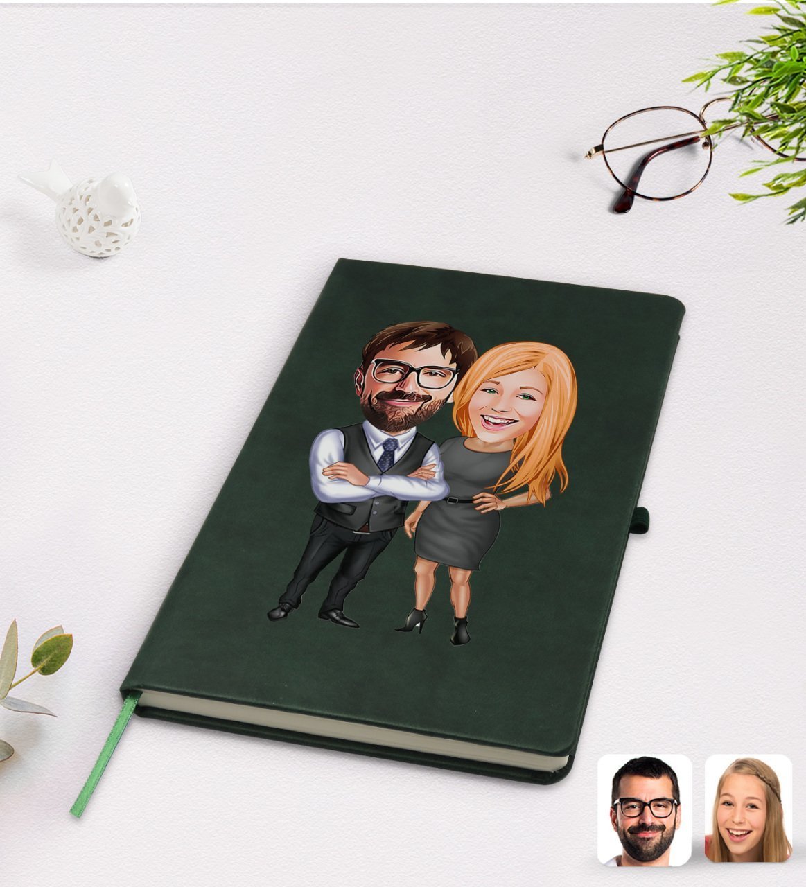 Kişiye Özel Sevgililer Karikatürlü Yeşil Termo Deri Defter Model 100
