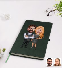 Kişiye Özel Sevgililer Karikatürlü Yeşil Termo Deri Defter Model 100