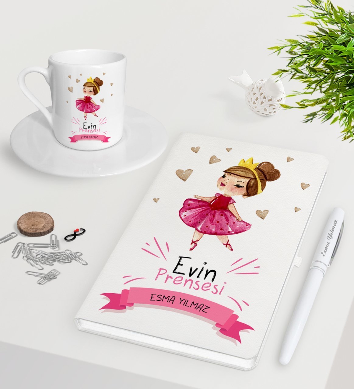 Kişiye Özel Evin Prensesi Beyaz Defter Kalem Türk Kahvesi Fincanı Seti-1