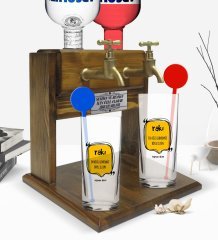 Kişiye Özel Renkli Baskılı En Kötü Günümüz Böyle Olsun Tasarımlı İkili Vodka Bardağı ve Çift Musluklu Doğal Ahşap Vodka Standı-3