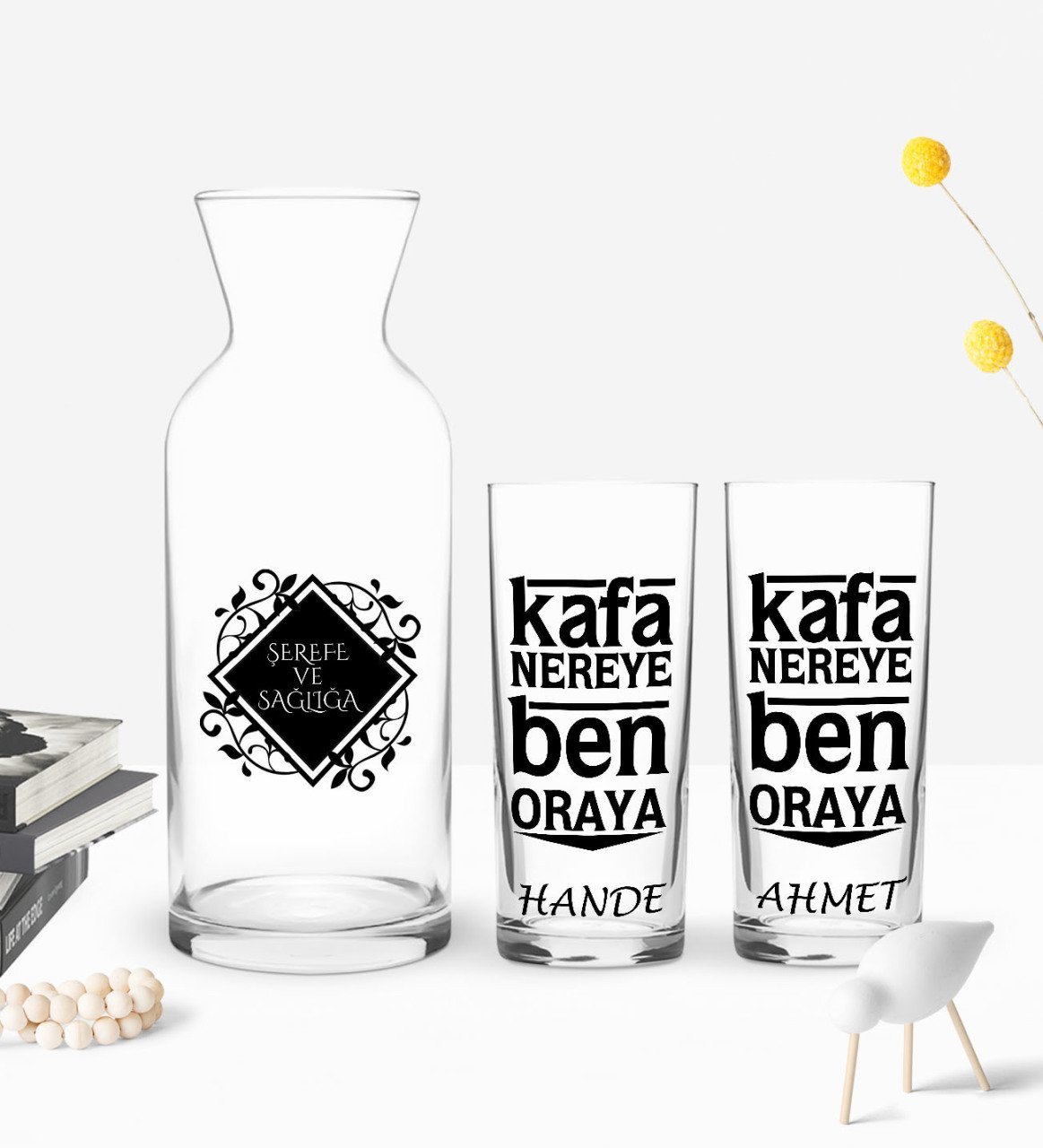 Kişiye Özel Renkli Baskılı Kafa Nereye Ben Oraya Tasarımlı İkili Rakı Bardağı ve Karaf Hediye Seti-1