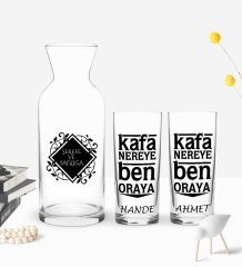 Kişiye Özel Renkli Baskılı Kafa Nereye Ben Oraya Tasarımlı İkili Rakı Bardağı ve Karaf Hediye Seti-1
