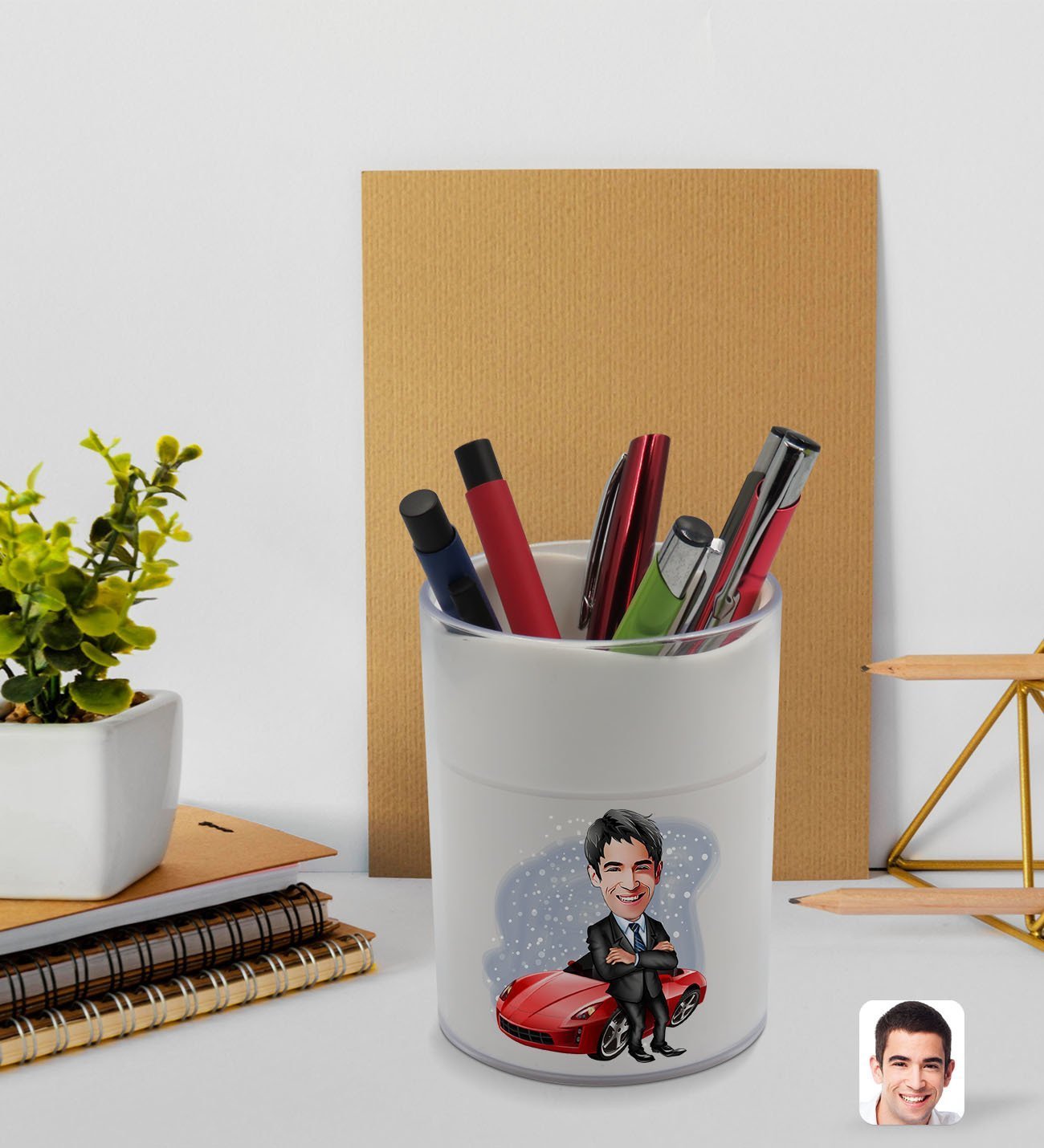 BK Gift Kişiye Özel Baba Karikatürlü Beyaz Akrilik Kalemlik - Model 3