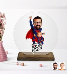 Kişiye Özel Süper Baba ve Çocuk Karikatürlü Yuvarlak Ahşap Standlı Biblo-1