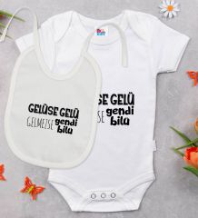 BK Kids Gelüse Gelü Tasarımlı Beyaz Bebek Body Zıbın ve Mama Önlüğü Hediye Seti-1