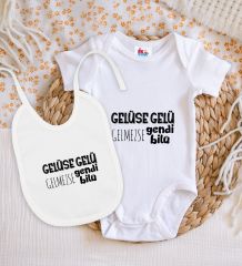 BK Kids Gelüse Gelü Tasarımlı Beyaz Bebek Body Zıbın ve Mama Önlüğü Hediye Seti-1