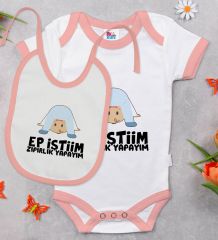 BK Kids Ep İstiim Zıpırlık Tasarımlı Pembe Bebek Body Zıbın ve Mama Önlüğü Hediye Seti-1
