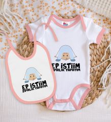 BK Kids Ep İstiim Zıpırlık Tasarımlı Pembe Bebek Body Zıbın ve Mama Önlüğü Hediye Seti-1