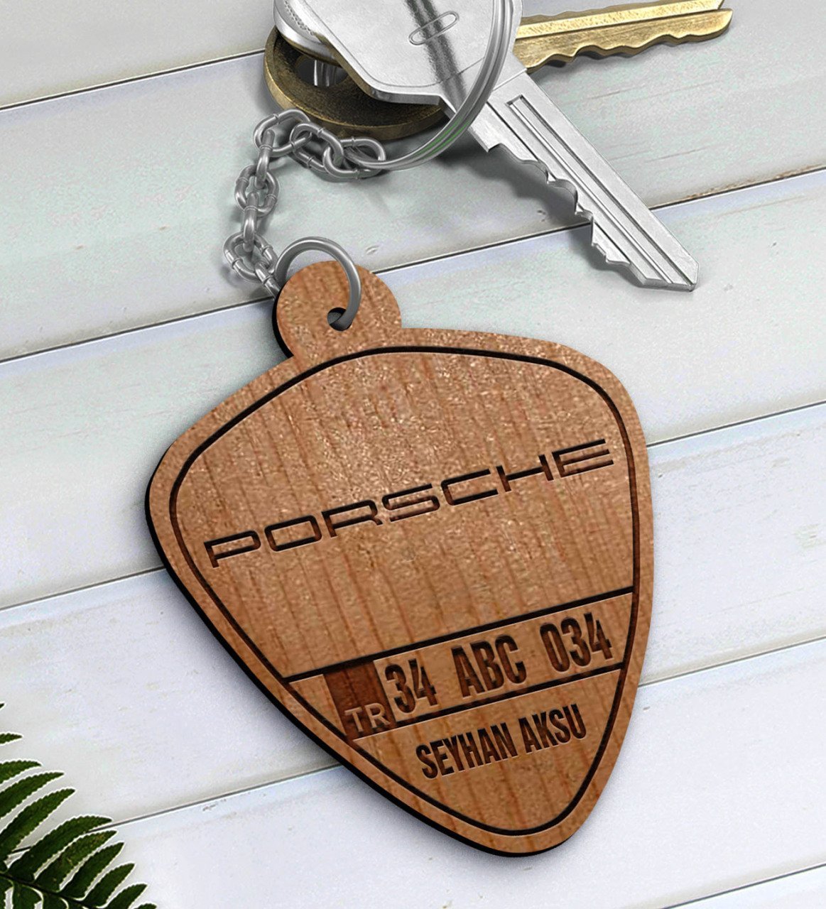 Kişiye Özel İsimli Plakalı Porsche Ahşap Anahtarlık-2