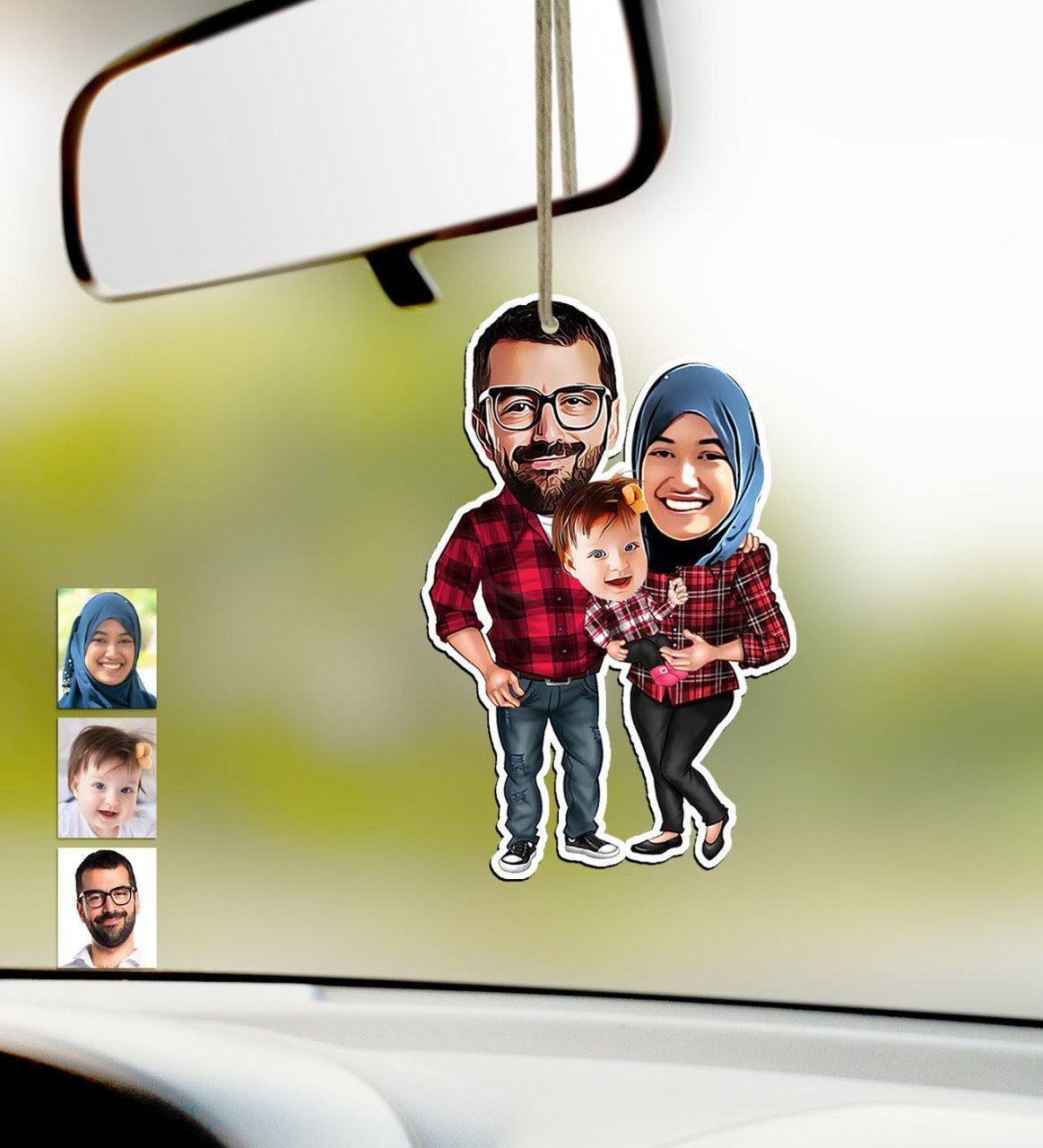 Kişiye Özel Aile Karikatürlü Ahşap Araba Dikiz Ayna Süsü-2