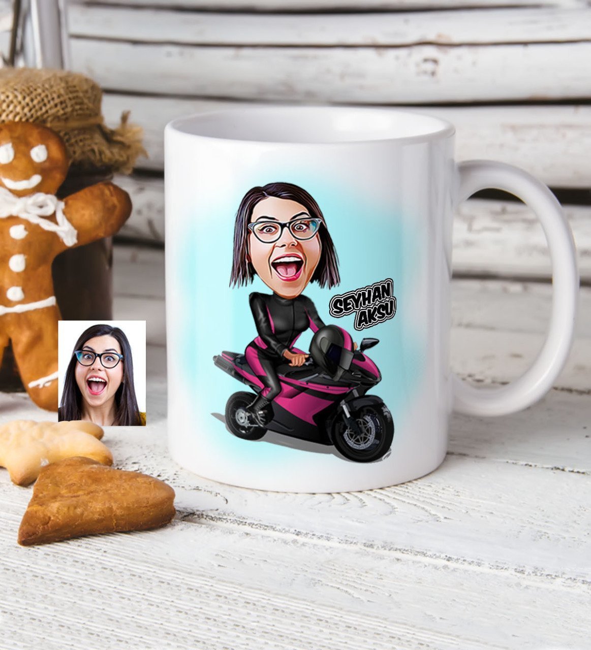Kişiye Özel Bayan Motorcu Karikatür Beyaz Kupa Bardak