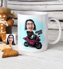 Kişiye Özel Bayan Motorcu Karikatür Beyaz Kupa Bardak