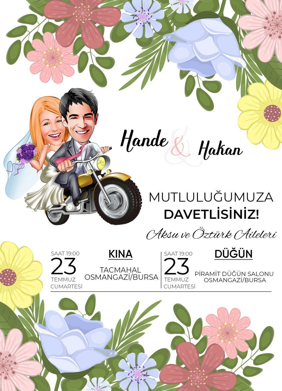 Kişiye Özel Karikatürlü Bitmeyen Düğün Davetiyesi Model 75