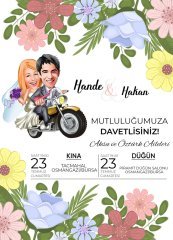 Kişiye Özel Karikatürlü Bitmeyen Düğün Davetiyesi Model 75