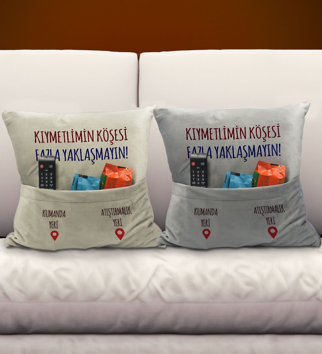 BK Gift Eğlenceli Tasarımlı 2'li Organizer Kumanda ve Atıştırmalık Cepli Krem&Gri Kırlent Yastık- 5, Ev Dekoru, Ev Hediyesi