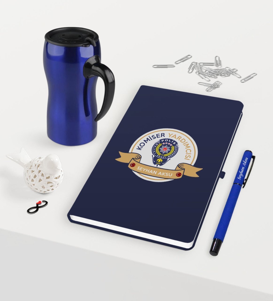 Kişiye Özel Komiser Yardımcısı Temalı Lacivert Defter Kalem Termos Mug Seti - 1
